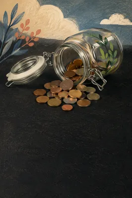 Glass Savings Jar with Coins and Leaves