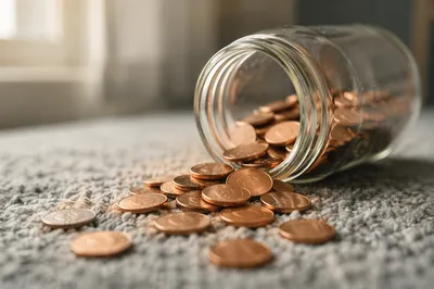Glass Savings Jar With Scattered Copper Coins
