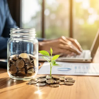 Glass Jar Coins and Sprout Growth