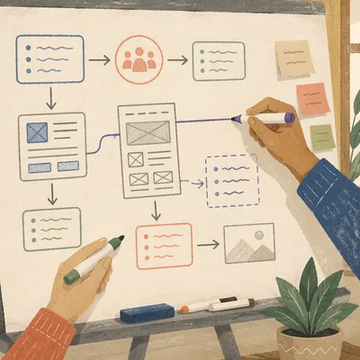 Hands Drawing Business Flowchart on Whiteboard