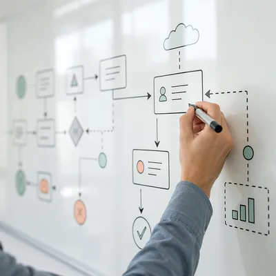 Hand Drawing Business Flowchart on Whiteboard
