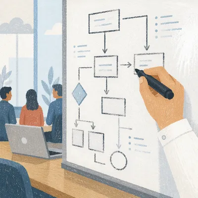 Hand Drawing Business Flowchart on Whiteboard