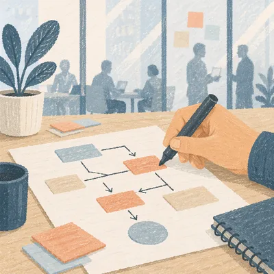 Hand Drawing Flowchart in Bright Meeting Room
