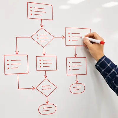 Hand Drawing Business Flowchart on Whiteboard