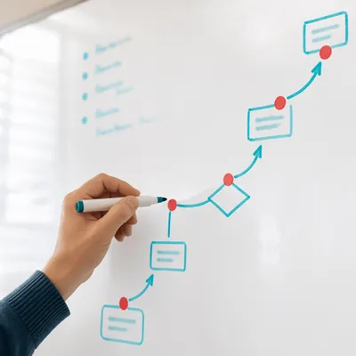 Hand Drawing Business Flowchart on Whiteboard