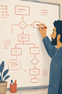 Hand Drawing Red Flowchart on Whiteboard
