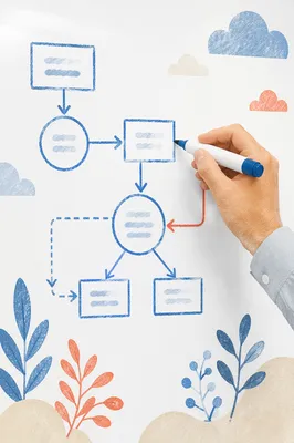Hand Drawing Blue Flowchart on Whiteboard