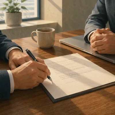 Hand Signing Business Agreement at Desk