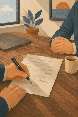 Hand Signing Business Contract at Meeting Table