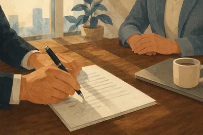 Hand Signing Business Contract at Meeting Table