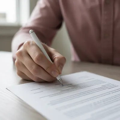 Hand Signing Business Contract on Gray Desk