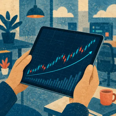 Hands Holding Tablet With Rising Growth Chart