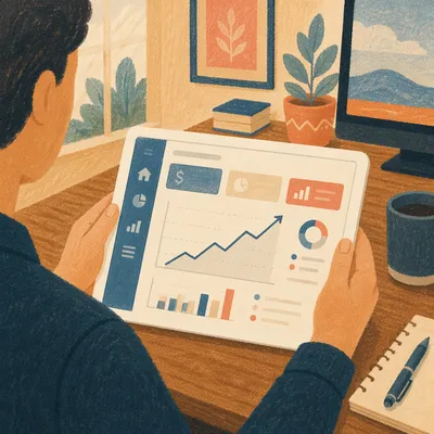 Hands Holding Tablet With Rising Growth Chart