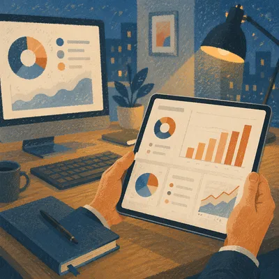 Hands Holding Tablet With Rising Business Charts