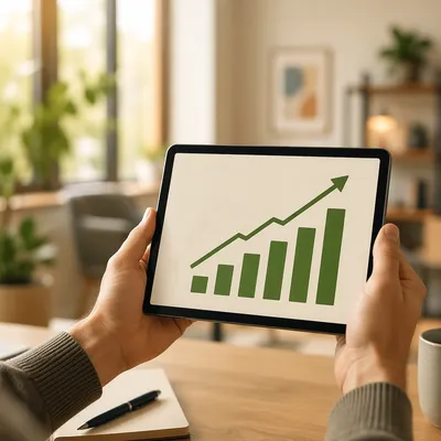 Hands Holding Tablet With Upward Growth Chart
