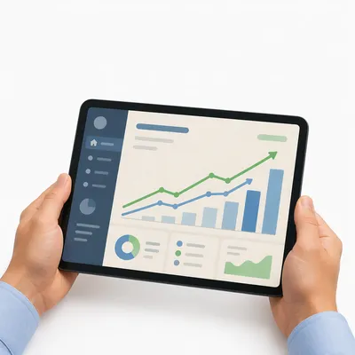 Hands Holding Tablet With Upward Growth Chart