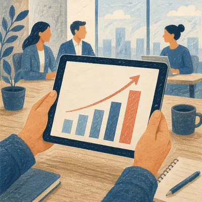 Hands Holding Tablet with Upward Growth Chart