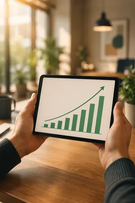 Hands Holding Tablet With Upward Growth Chart