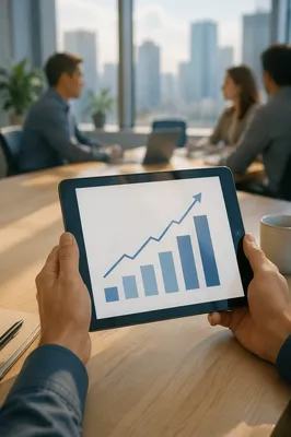 Hands Holding Tablet with Upward Growth Chart