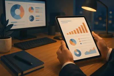 Hands Holding Tablet With Upward Growth Chart
