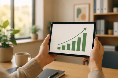 Hands Holding Tablet With Rising Growth Chart