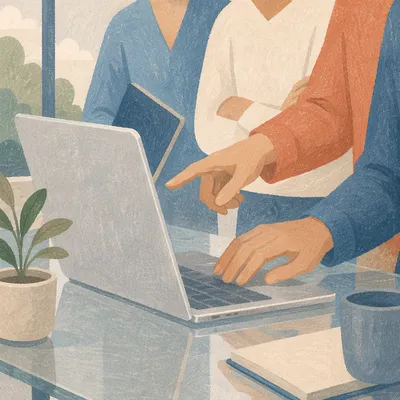 Team Hands Collaborating on Office Laptop