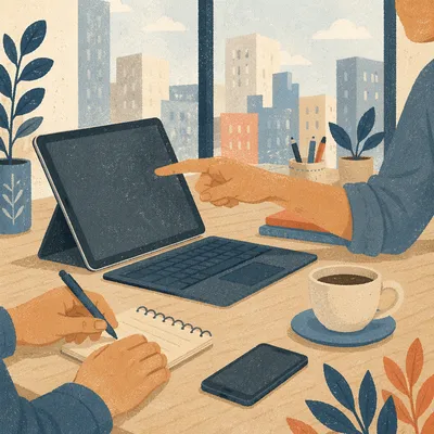 Collaborative Laptop Discussion at Office Desk