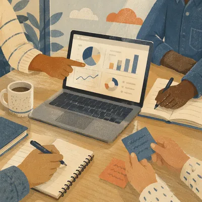 Team Hands Reviewing Laptop Analytics