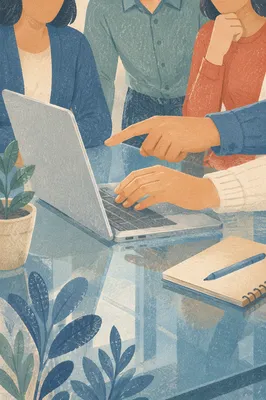 Collaborative Hands Discussing Laptop in Modern Office