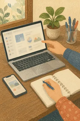 Collaborative Laptop Planning on Warm Wooden Desk