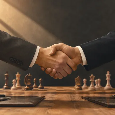 Business Handshake Agreement with Strategic Chess Pieces