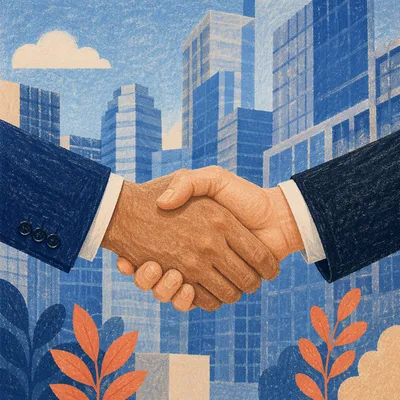Corporate Handshake Agreement in Financial District