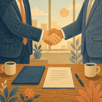 Warm Business Handshake Agreement Across Wooden Table