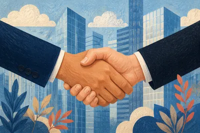 Corporate Handshake Agreement in Financial District