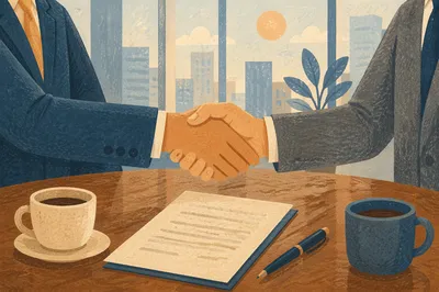 Business Handshake Agreement in Morning Office
