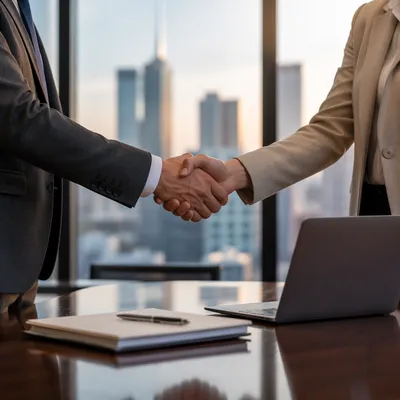 Business Handshake Agreement in Modern Office