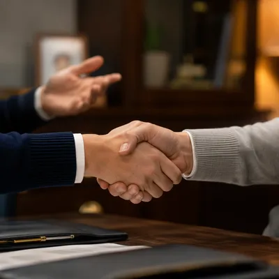 Business Handshake Agreement in Warm Office