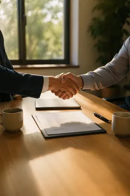 Professional Handshake Over Contract in Warm Office