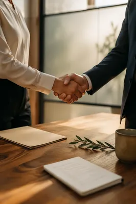 Trustworthy Handshake Over Wooden Conference Table