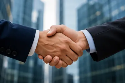 Corporate Handshake Agreement in Financial District