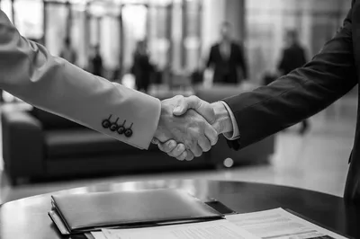 Monochrome Business Handshake Agreement in Modern Lobby