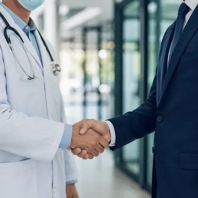 Healthcare Partnership Handshake in Modern Office