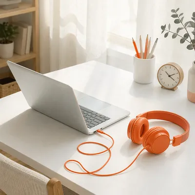 Orange Headphones and Laptop Focus Workspace