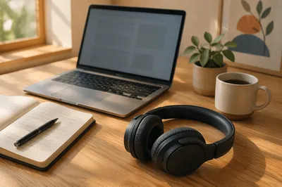 Focused Work Desk with Headphones and Laptop