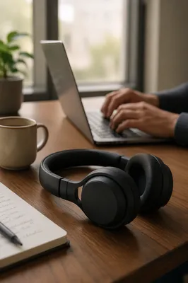 Focused Workspace with Headphones and Laptop