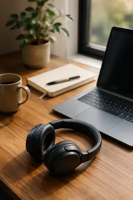 Headphones and Laptop on Warm Oak Desk