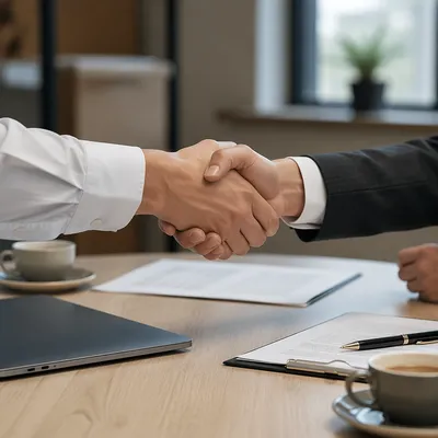 Professional Job Interview Handshake at Desk