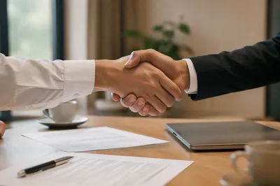 Professional Job Interview Handshake at Office Desk