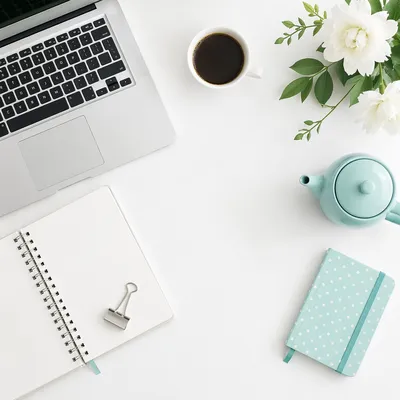 Minimal White Desk With Laptop and Coffee