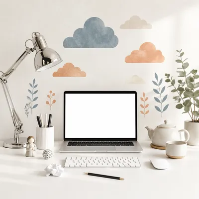 Clean White Desk With Open Laptop